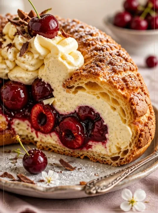 Leckere Kirschen-Cheesecake-Choux-Ringe auf einem Teller.
