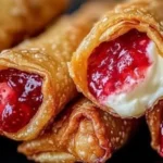 Knusprige Erdbeer-Cheesecake-Frühlingsrollen auf einem Teller serviert.