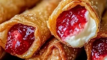 Knusprige Erdbeer-Cheesecake-Frühlingsrollen auf einem Teller serviert.