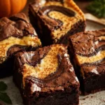Leckere Kürbis-Cheesecake-Schicht-Brownies auf einem Teller serviert