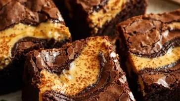Leckere Kürbis-Cheesecake-Schicht-Brownies auf einem Teller serviert