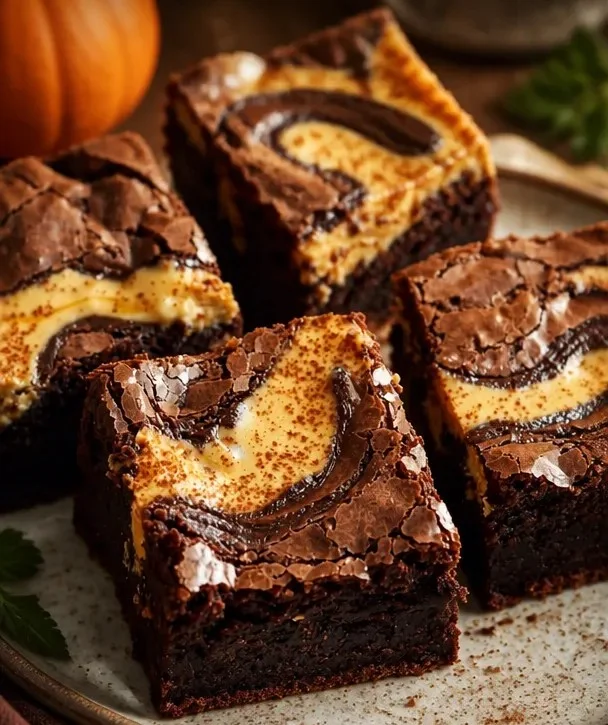 Leckere Kürbis-Cheesecake-Schicht-Brownies auf einem Teller serviert