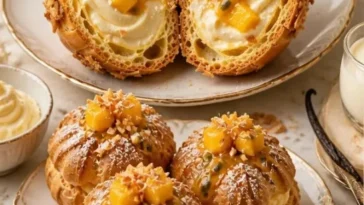 Köstliche Mango-Maracuja-Cremepuffs auf einem Teller, perfekt für Naschkatzen