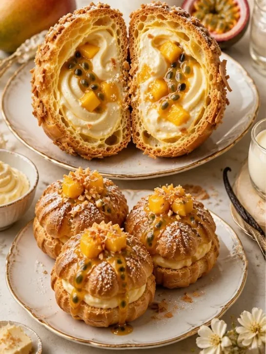 Köstliche Mango-Maracuja-Cremepuffs auf einem Teller, perfekt für Naschkatzen