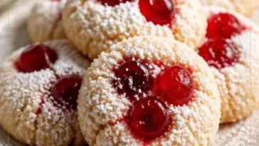 Maraschino-Kirsch-Zuckerplätzchen auf einem Blech, frisch gebacken und köstlich.