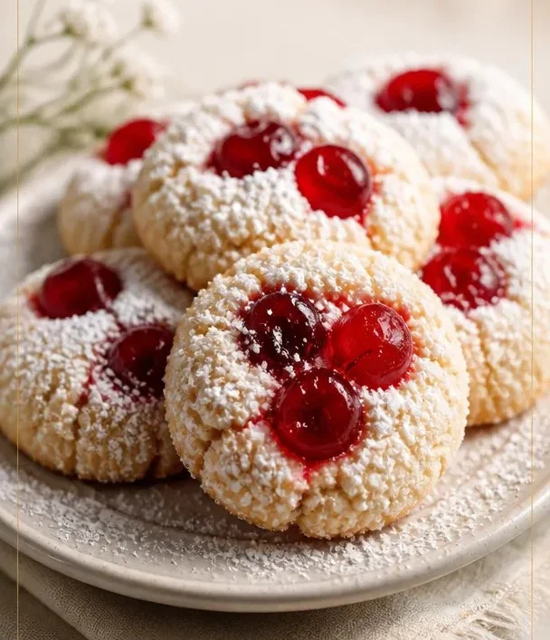 Maraschino-Kirsch-Zuckerplätzchen auf einem Blech, frisch gebacken und köstlich.