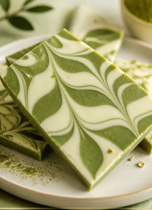 Hausgemachte Matcha-Weißschokoladen-Rinde auf einer Holzplatte