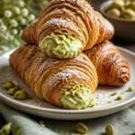 Köstlicher Pistazien-Croissant auf einem Teller, frisch gebacken und dekoriert.