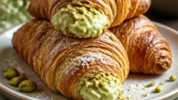 Köstlicher Pistazien-Croissant auf einem Teller, frisch gebacken und dekoriert.