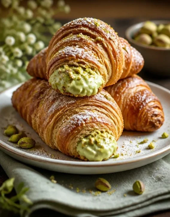 Köstlicher Pistazien-Croissant auf einem Teller, frisch gebacken und dekoriert.