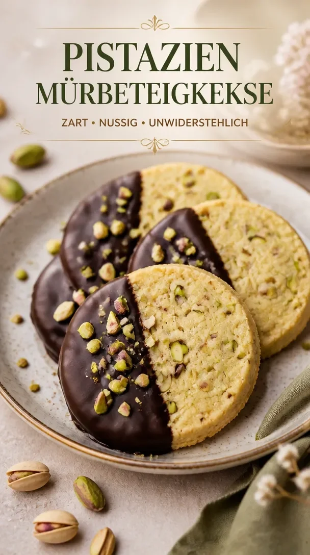 Pistazien-Shortbread-Kekse auf einem Teller, frisch gebacken