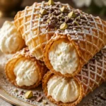 Pizzelle-Cannoli mit Ricotta-Füllung auf einem Teller serviert