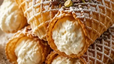 Pizzelle-Cannoli mit Ricotta-Füllung auf einem Teller serviert