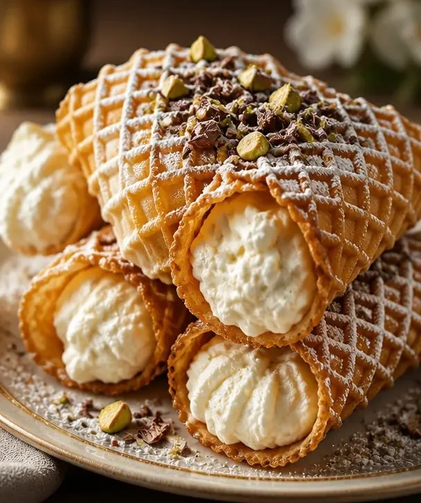 Pizzelle-Cannoli mit Ricotta-Füllung auf einem Teller serviert