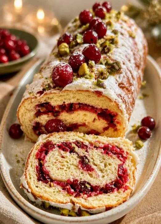 Priselbeer-Pistazien-Weihnachts-Rolle, ein einfaches Feiertagsrezept
