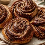 Leckere Schokoladen-Tahini-Babka-Brötchen frisch gebacken und serviert.