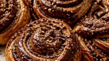 Leckere Schokoladen-Tahini-Babka-Brötchen frisch gebacken und serviert.