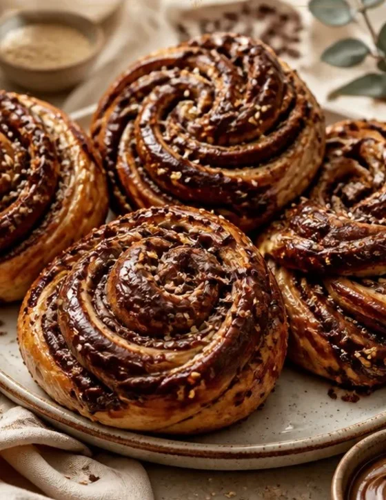 Leckere Schokoladen-Tahini-Babka-Brötchen frisch gebacken und serviert.