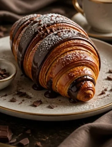 Frisch gebackene Schokoladencroissants auf einem Teller