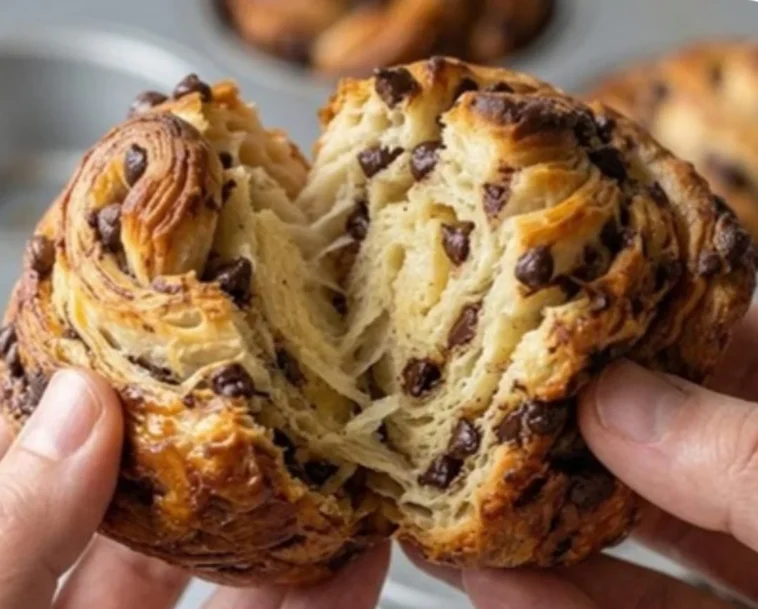 Schokoladenstückchen-Cruffins mit blättrigen Schichten auf einem Teller