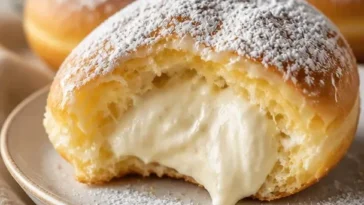Wolkige Vanille-Donuts auf einem Teller, dekoriert mit Zuckerglasur.
