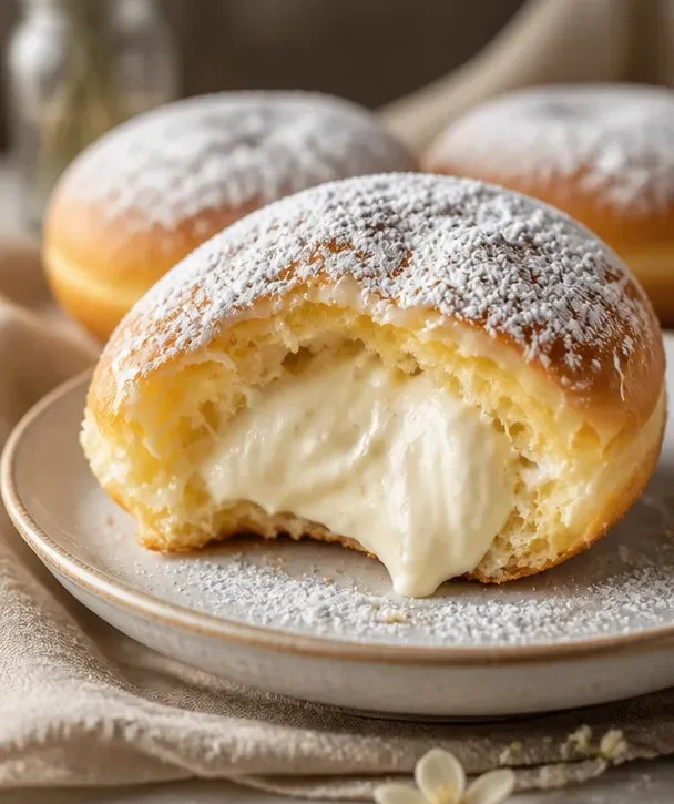 Wolkige Vanille-Donuts auf einem Teller, dekoriert mit Zuckerglasur.