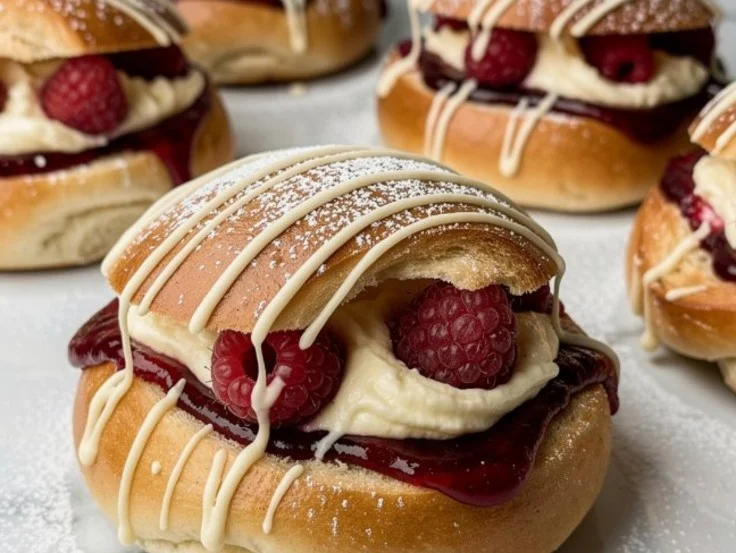 Zitronen-Himbeer-Brioche-Brötchen auf einem Teller